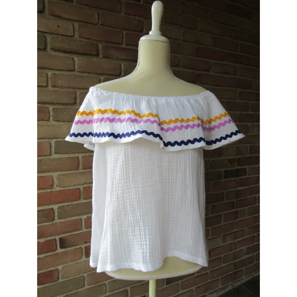 Off the Shoulder Top Womens L White Gibson x Hi Sugarplum! Santa Fe Rickrack